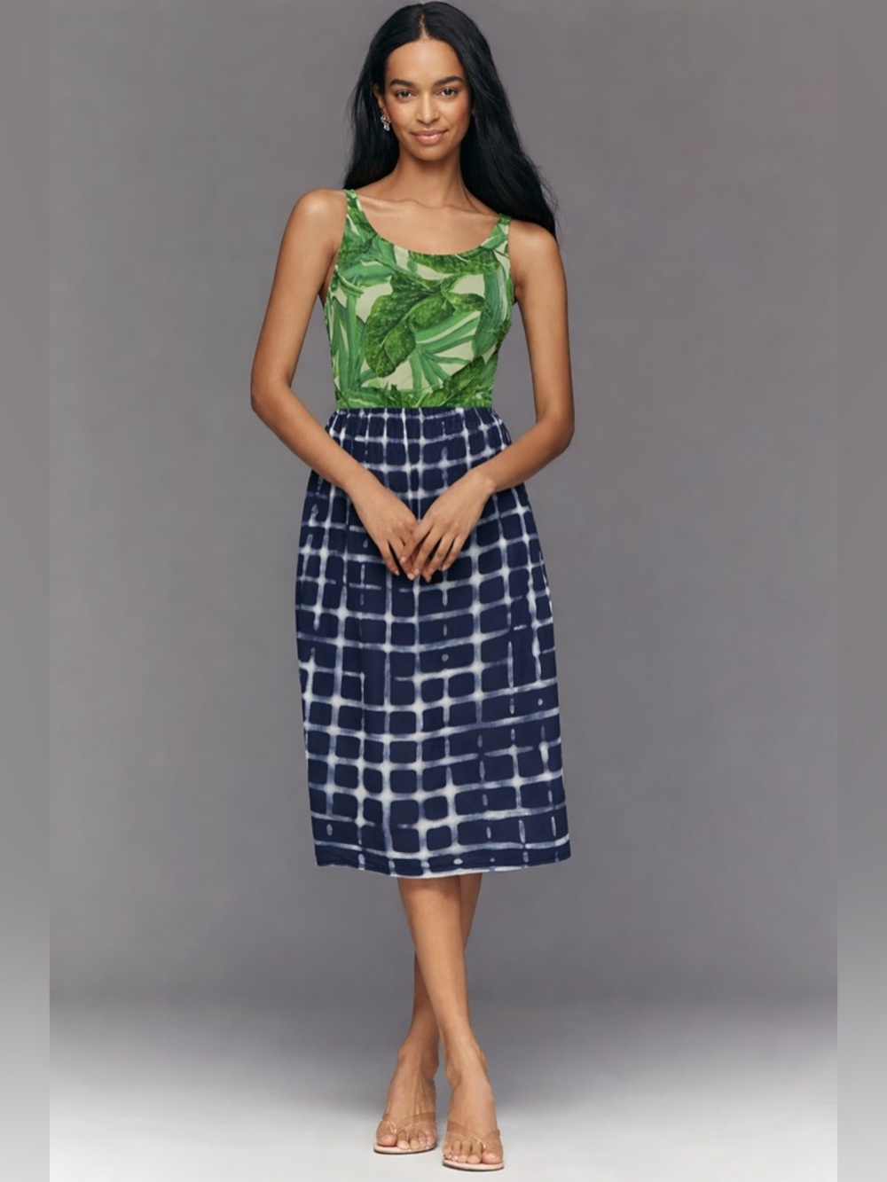 SI-IAE Anthropologie 100% Silk Tropical Geometric Mixed Media Dress